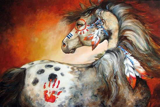 4 FEATHERS INDIAN WAR PONY - Oil On Canvas